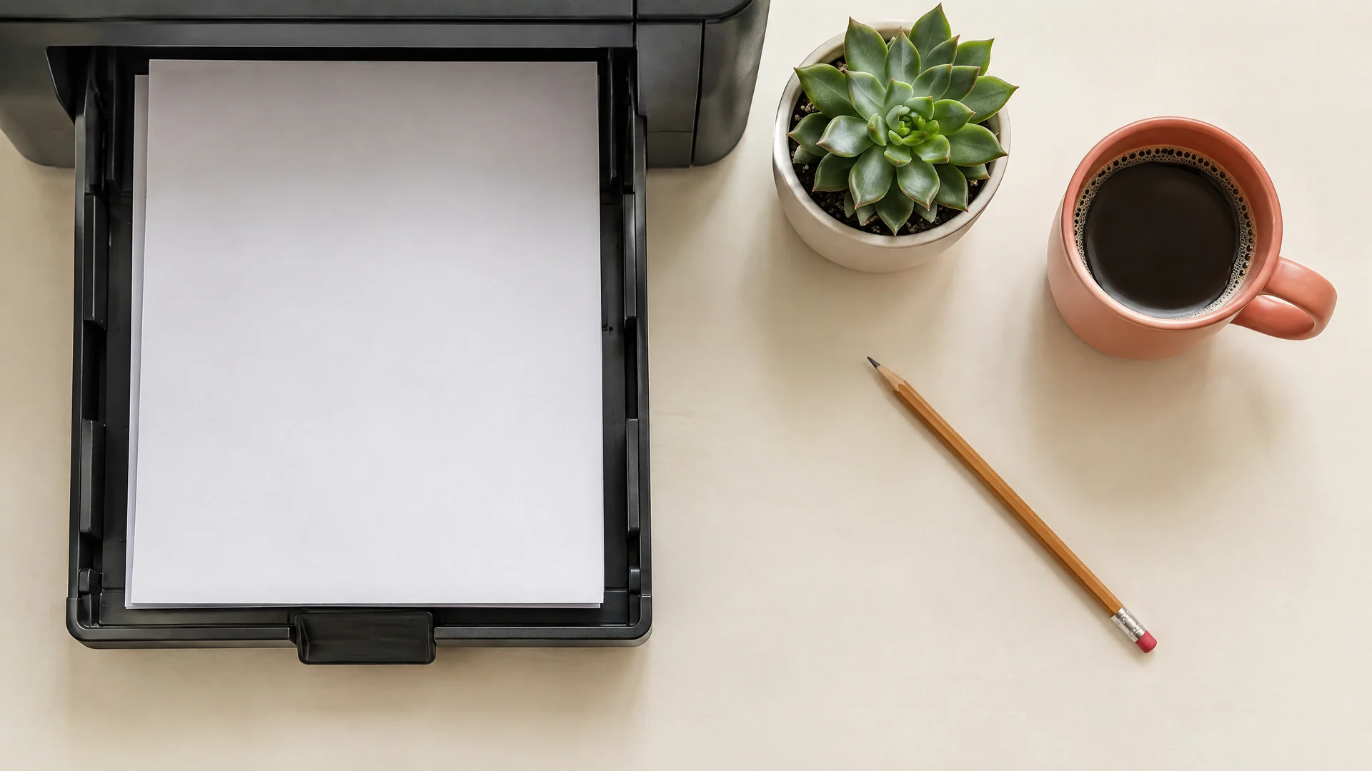 Stack of blank printer paper beside a small succulent, a coral mug and a pencil