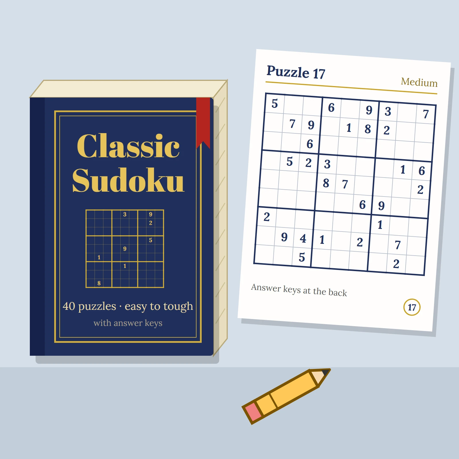 Navy and gold Classic Sudoku hardcover book beside an open puzzle page with a sudoku grid and a pencil on a pale blue desk