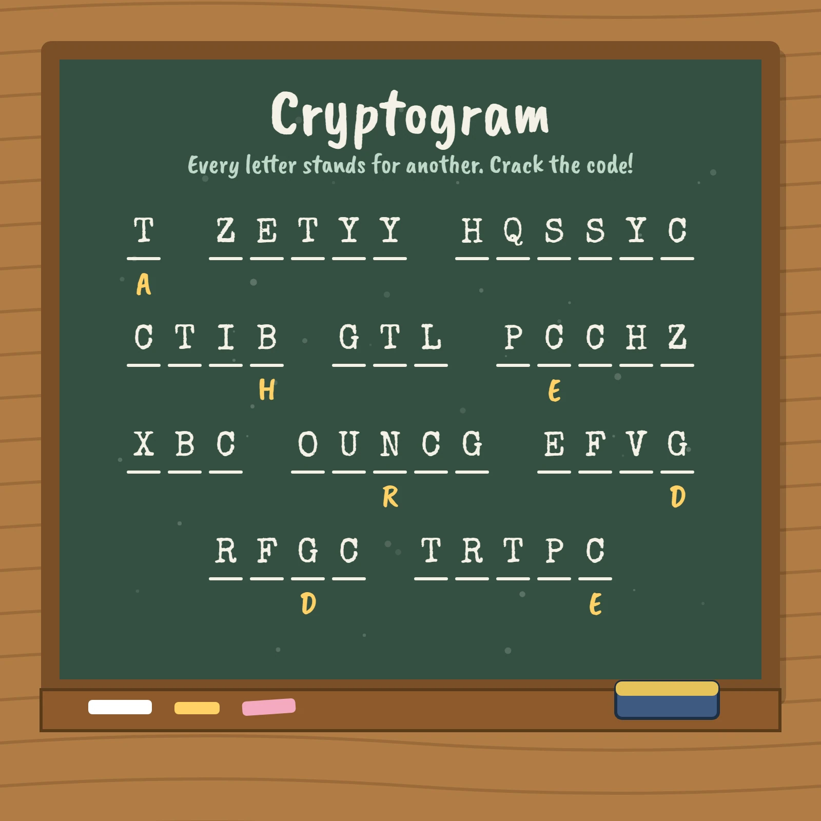 Green chalkboard with a framed wooden border showing a coded phrase in typewriter letters, blank lines below and yellow hint letters