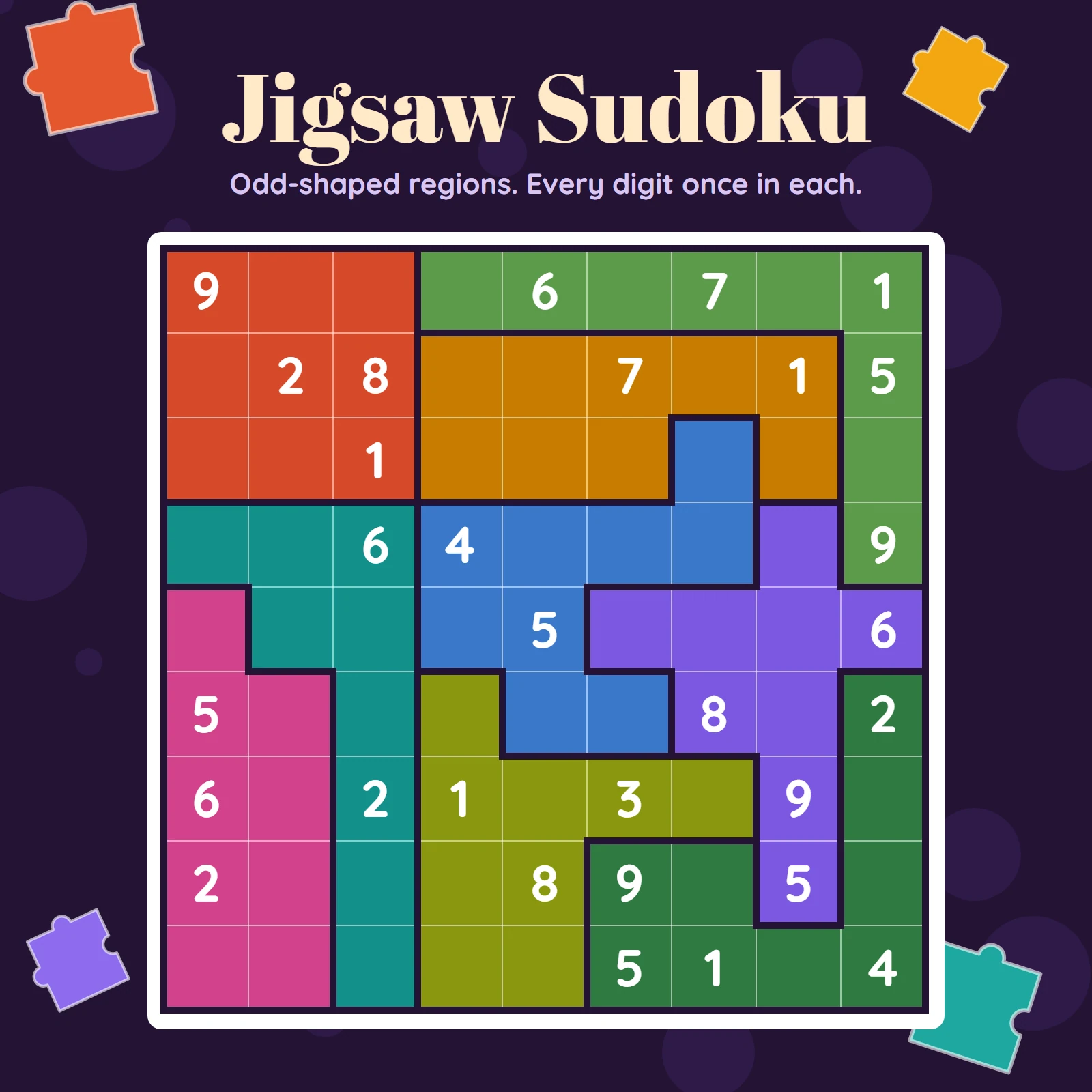Jigsaw sudoku board with irregular colored regions on a dark plum background with loose puzzle piece shapes in the corners