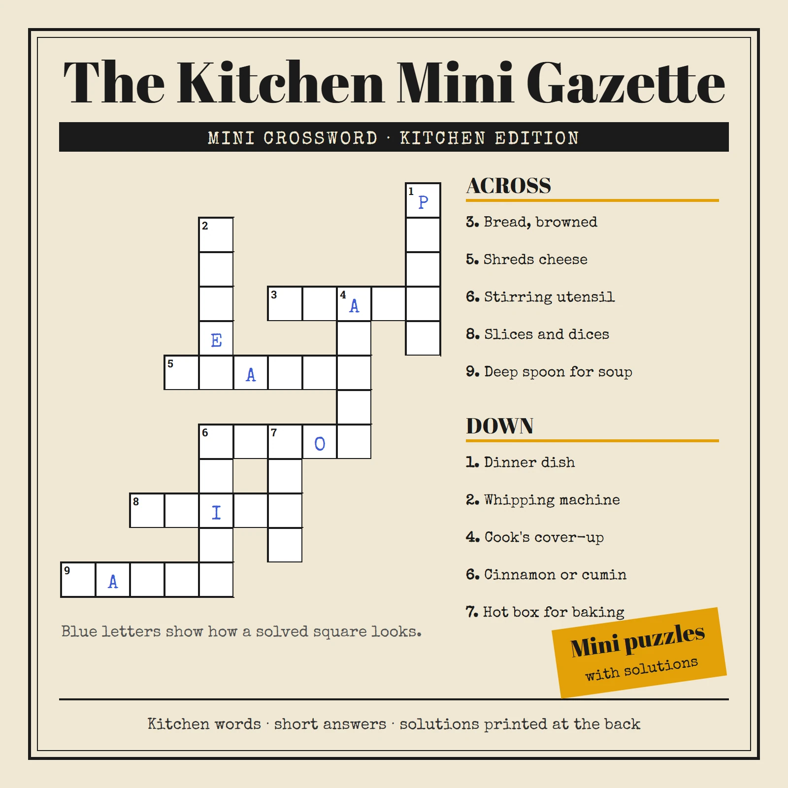 Newspaper-style Kitchen Mini Gazette crossword with a numbered grid, Across and Down clues in a typewriter font and a mustard badge