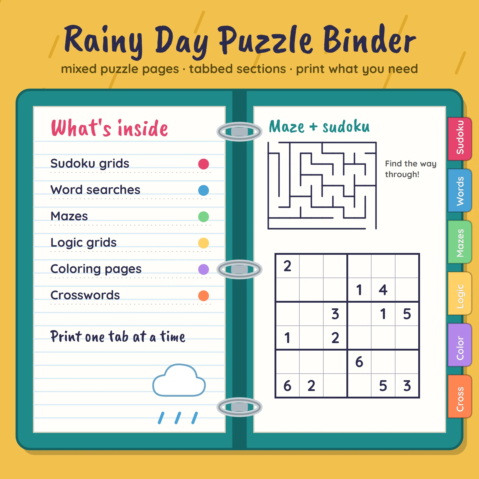 Open teal ring binder with colored tabs on the right, a contents page on the left and a maze plus a small sudoku on the right sheet