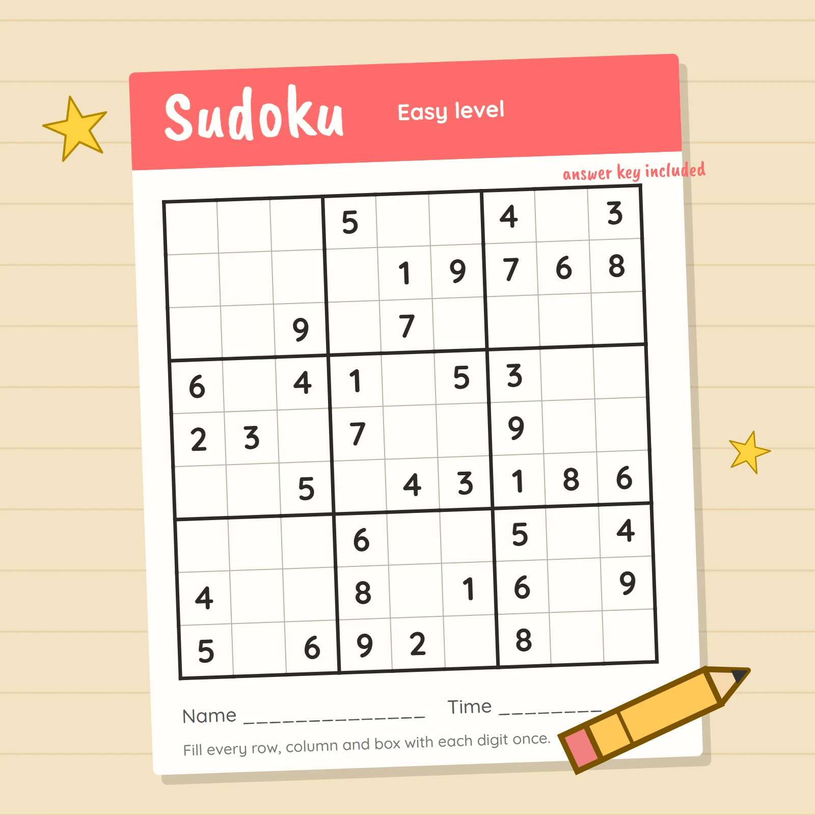 Printable easy sudoku sheet with a coral header, a sudoku grid and a pencil on a warm desk