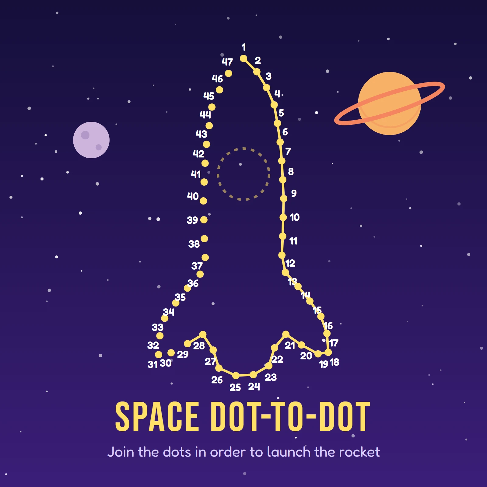 Space dot-to-dot page with numbered yellow dots outlining a rocket on a purple night sky with a ringed planet and a moon