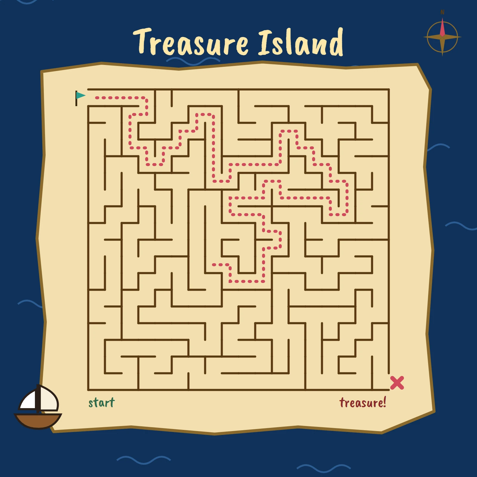 Treasure Island maze on a cream parchment map over a navy sea with a start flag, a dotted route, a red X, a compass and a small sailboat